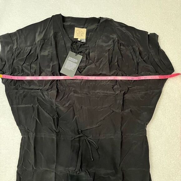 Chaser Dress Womens Medium Black Silk Mini Tie Front Shirred Cuffed Sleeves NWT - Picture 5 of 12